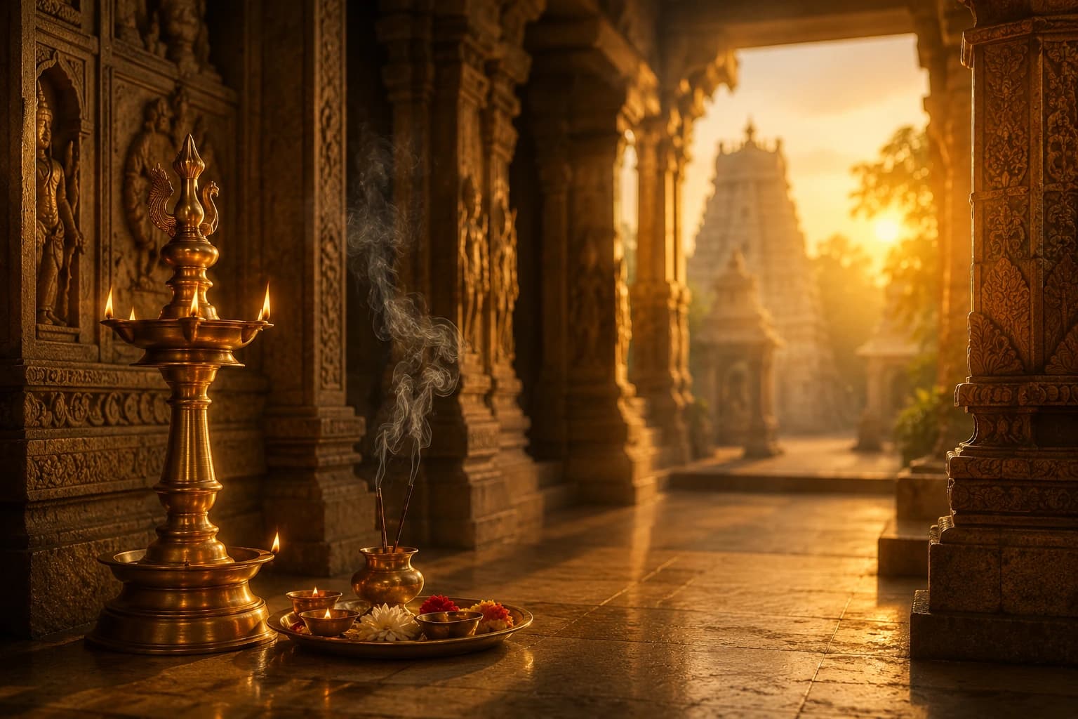Traditional temple background representing premium pooja products by Hari Nandanam